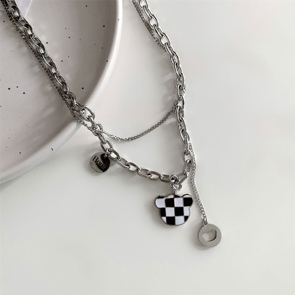 Minimalist Checkerboard Pattern Titanium Steel Double Layer Necklace for Women and Men with Enamel Finish
