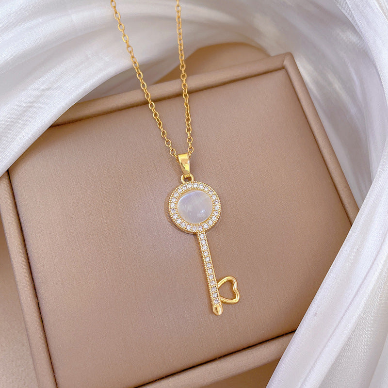 Cartoon Style Cat's Eye Key Pendant Necklace for Women Stainless Steel Clavicle Chain with Full Rhinestone Accents