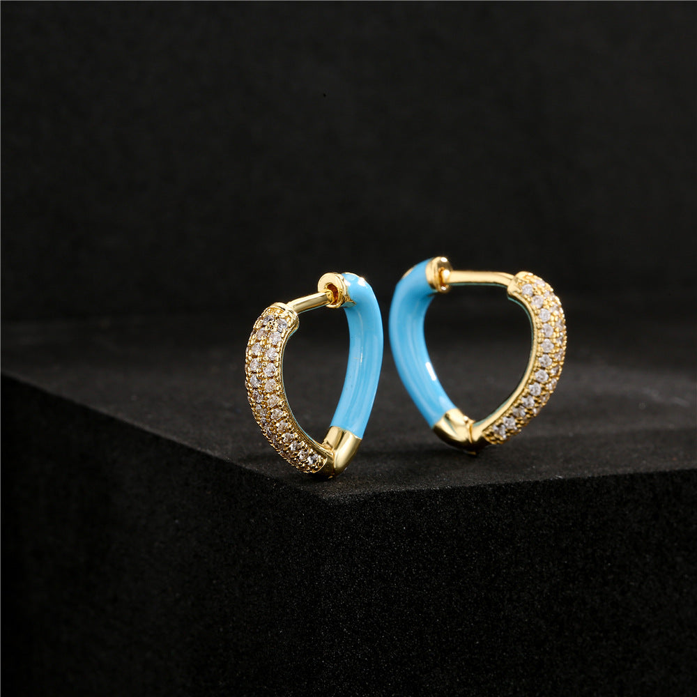 Colorful Drip Oil Gold Plated Brass Cubic Zirconia Heart Earrings for Women