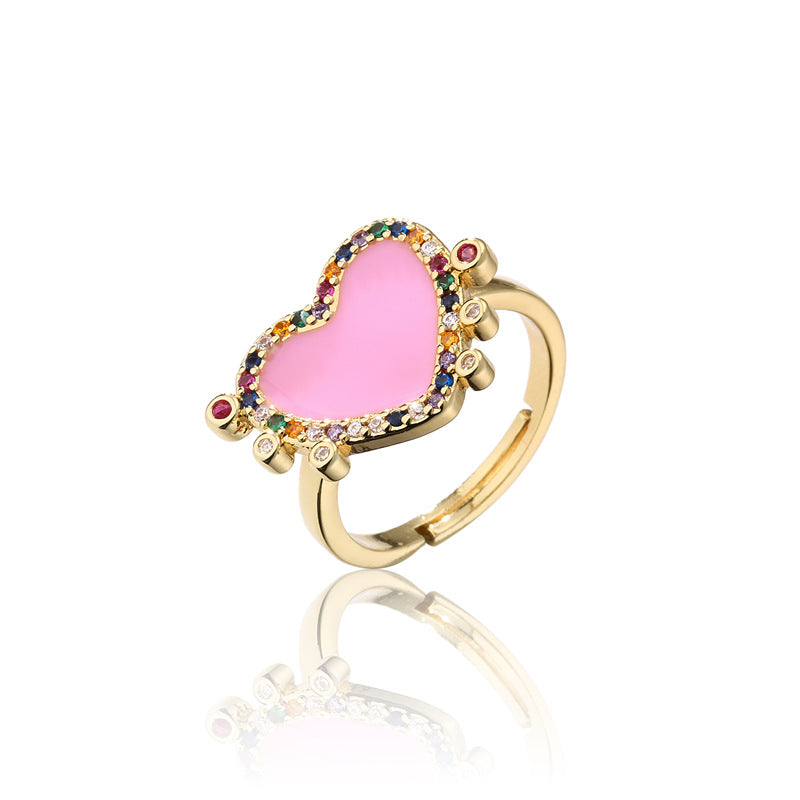 Colorful Drip Oil Heart Geometric Brass Ring with Micro-inlaid Cubic Zirconia for Women