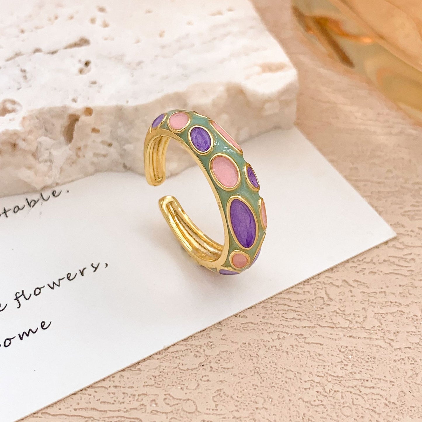 Anello regolabile aperto da donna vintage elegante in lega placcato oro con olio a goccia a pois geometrici