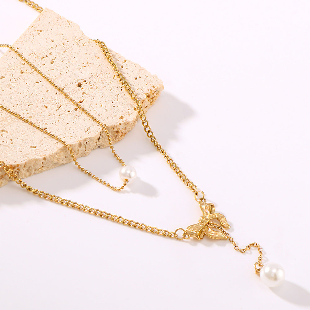 Vintage French Bow Double Layer Necklace with Pearl Pendant in Titanium Steel with 18K Vacuum Plating on O-Chain for Women