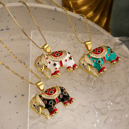 Minimalist Elephant Pendant Necklace for Women with Copper Base Plated in 18K Gold and Enamel Finish Featuring Cubic Zirconia Accents