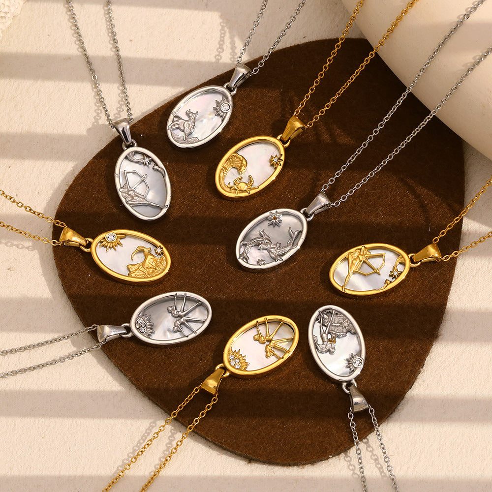 Geometric Zodiac Pendant Necklace for Women Stainless Steel with 18K Gold Plating and Rhinestone Accents