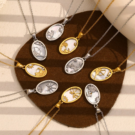 Geometric Zodiac Pendant Necklace for Women Stainless Steel with 18K Gold Plating and Rhinestone Accents