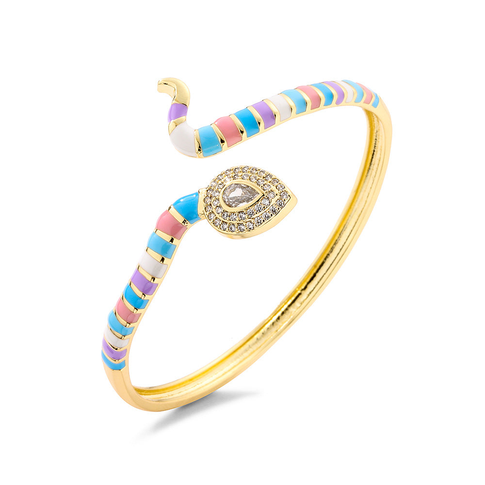 Bohemian Style Snake-Shaped Enamel Zirconia Cuff Bracelet for Women