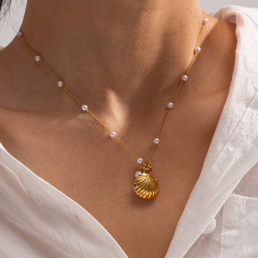 Minimalist Geometric Starfish and Shell Necklace in Stainless Steel with Titanium Steel Pendant and Plated Finish for Women