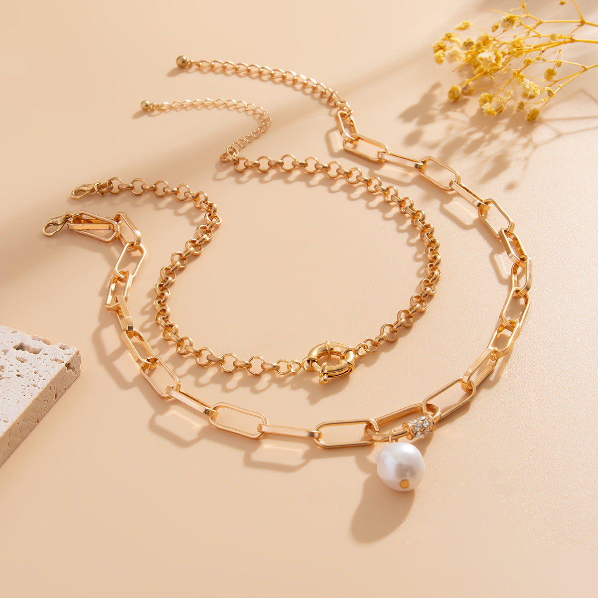 Elegant Geometric Alloy Plated Multi-Layer Baroque Pearl Necklace for Women