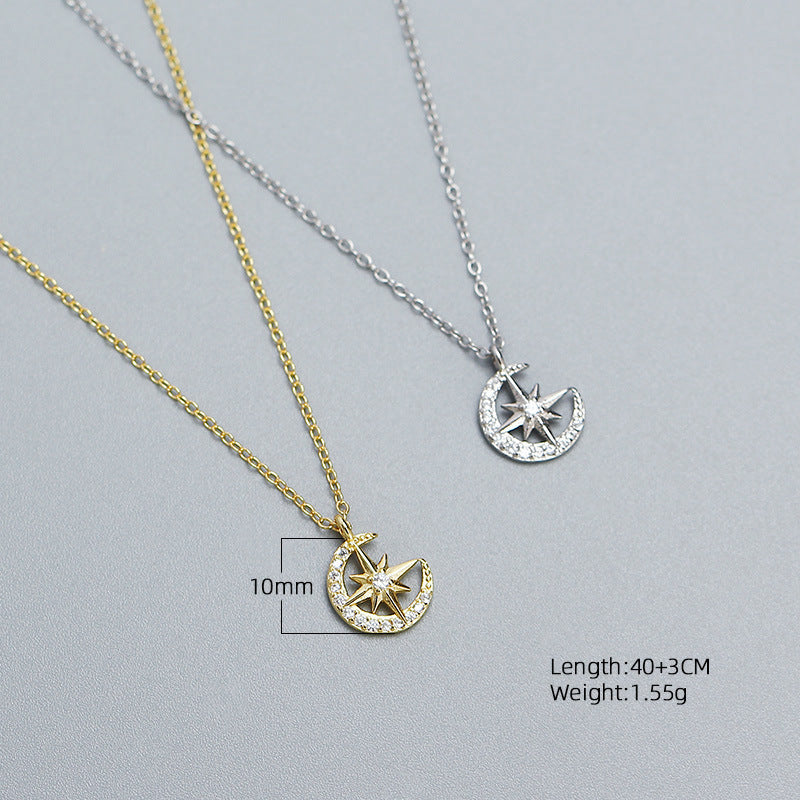 925 Sterling Silver Star Moon Cubic Zirconia Inlay Necklace