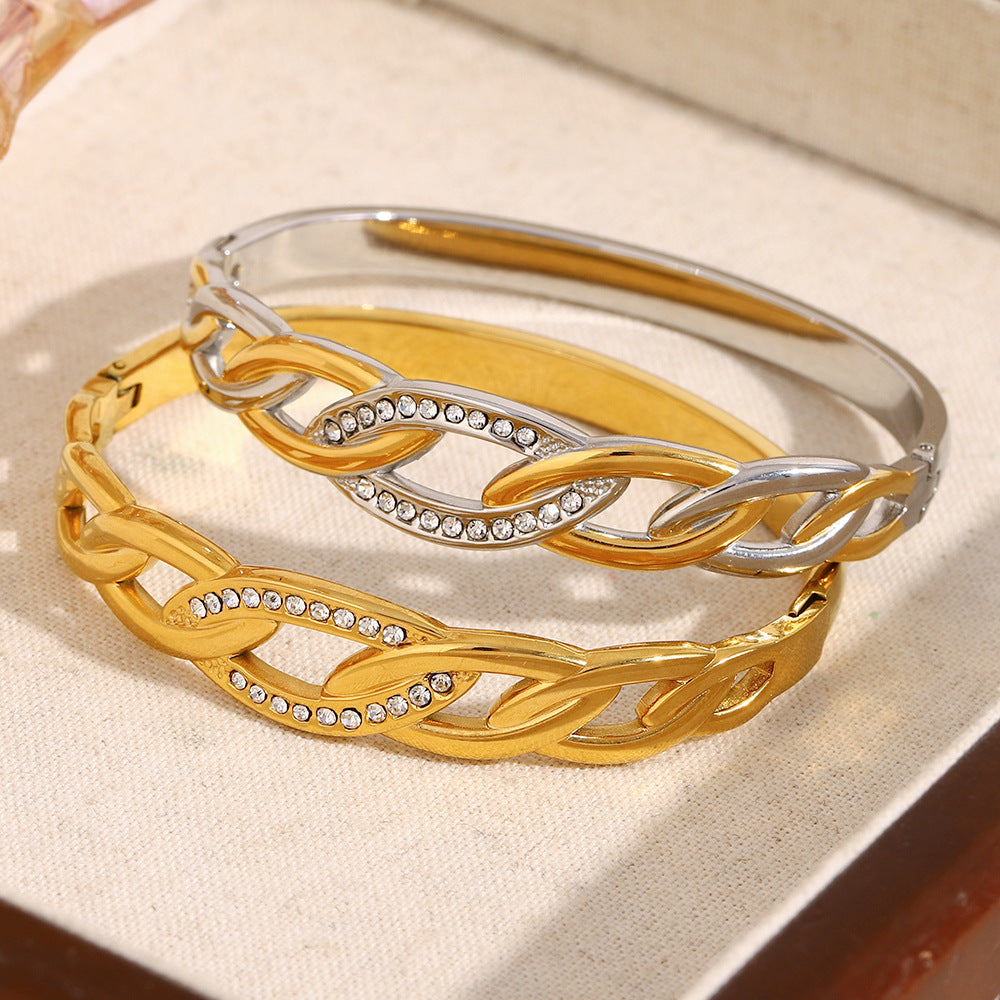 Fashionable Geometric Eye-Shaped Stainless Steel Bracelet with 18K Gold Plating and Zircon Inlay