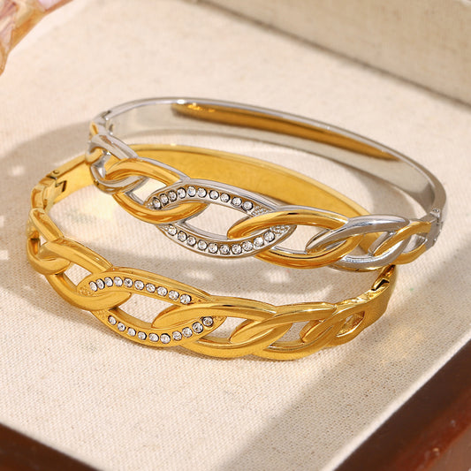 Fashionable Geometric Eye-Shaped Stainless Steel Bracelet with 18K Gold Plating and Zircon Inlay