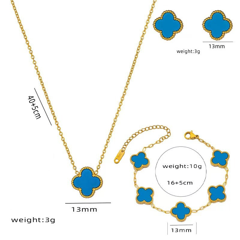 Set di collana, bracciale e orecchini a lobo da donna in acciaio al titanio minimalista con quadrifoglio fortunato