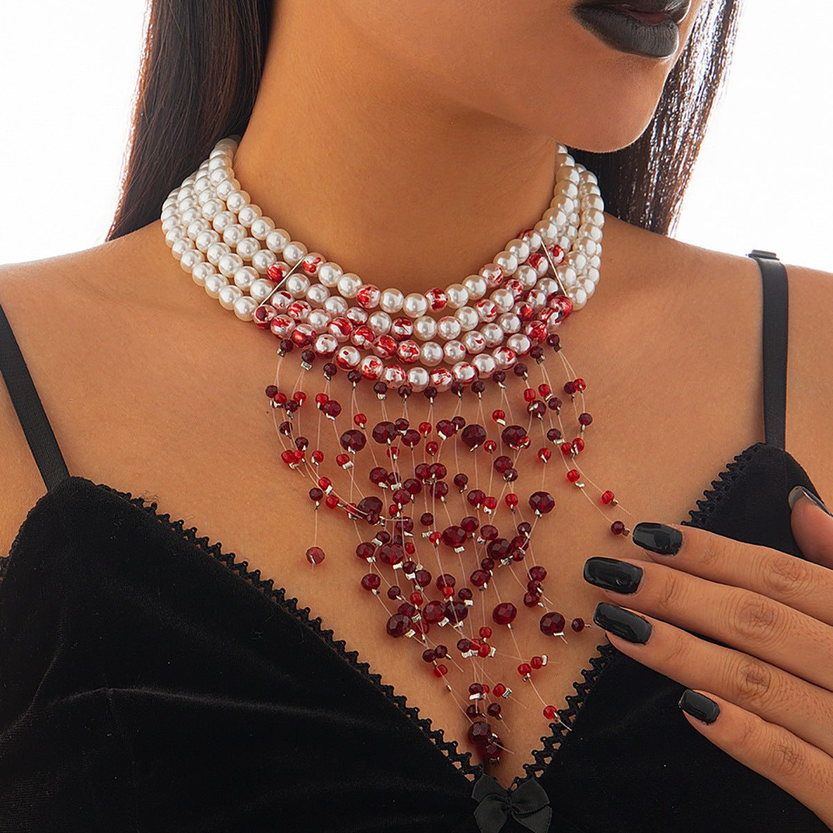 Gargantilla Gótica Vintage con Perlas de Imitación, Colgante de Cristal y Borlas para Mujer