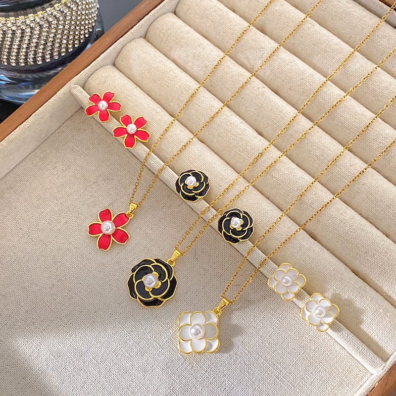 Sweet Elegant Camellia Flower Brass Plated Necklace and Earring Set with Cable Chain for Women