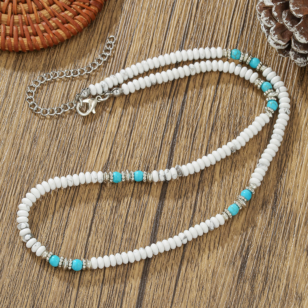 Bohemian Geometric Natural White Turquoise Beaded Necklace Cable Chain Unisex