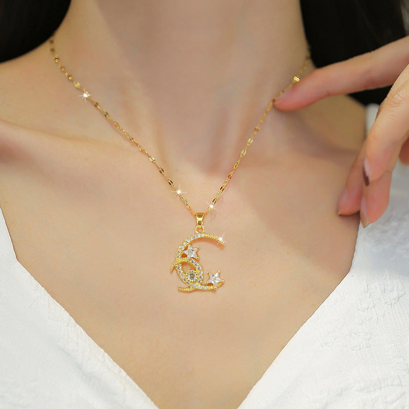 Collana con ciondolo a luna e stella geometrica in acciaio al titanio di lusso da donna