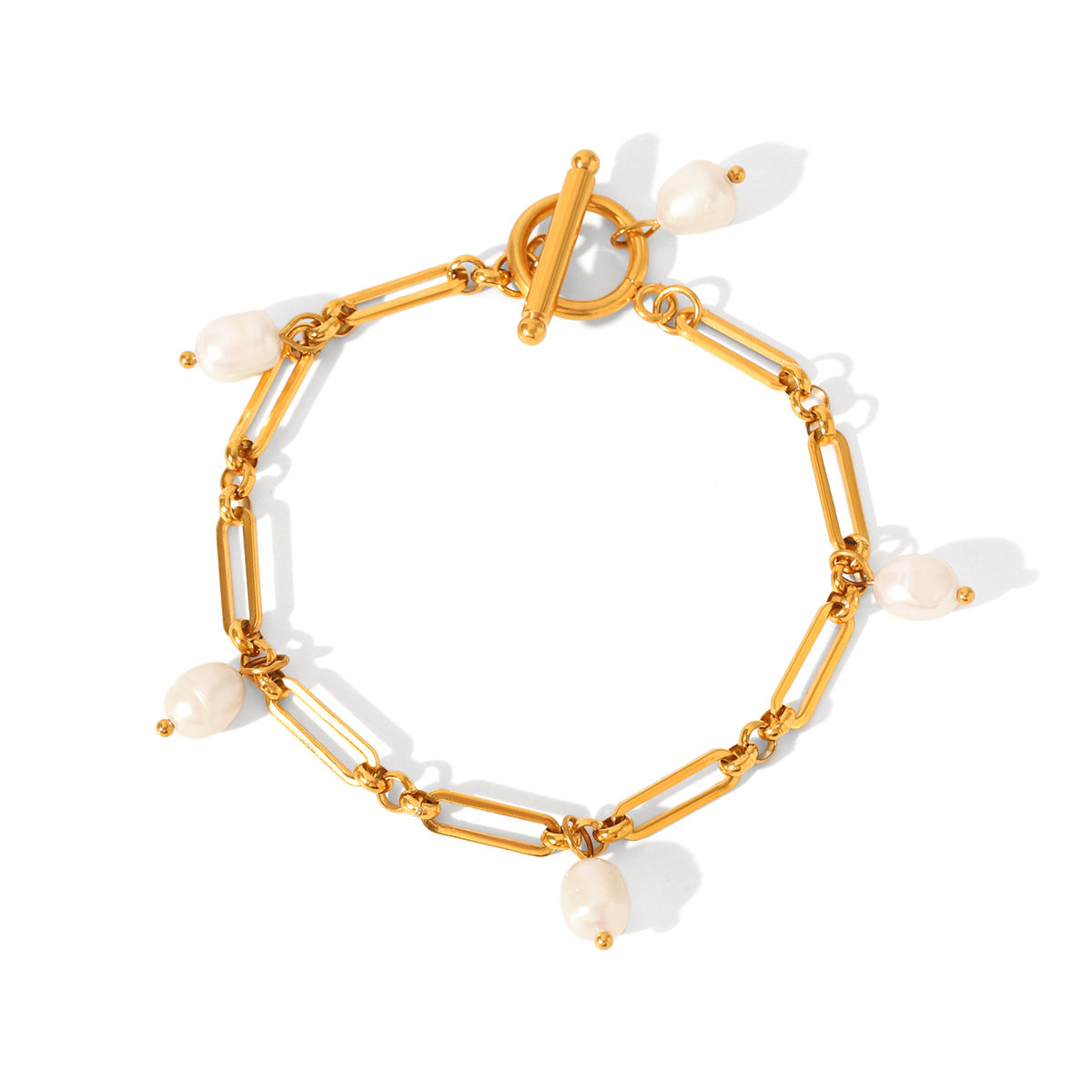 Minimalist Geometric Stainless Steel Bracelet with 18K Gold Plating and Freshwater Pearls for Women