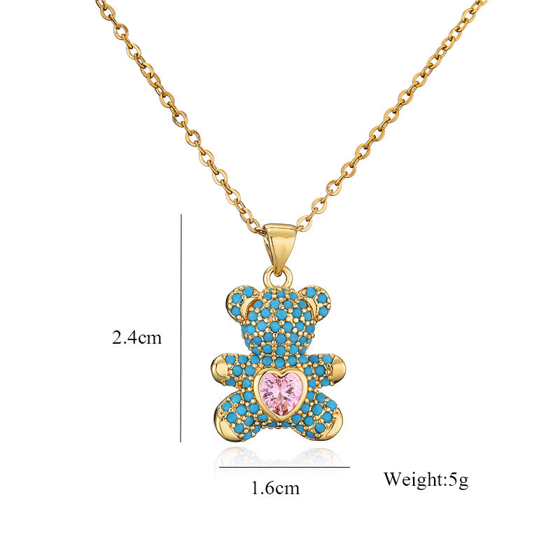 Minimalist Heart-Shaped Bear Pendant Necklace in Copper with Micro-Paved Cubic Zirconia on Snake Chain