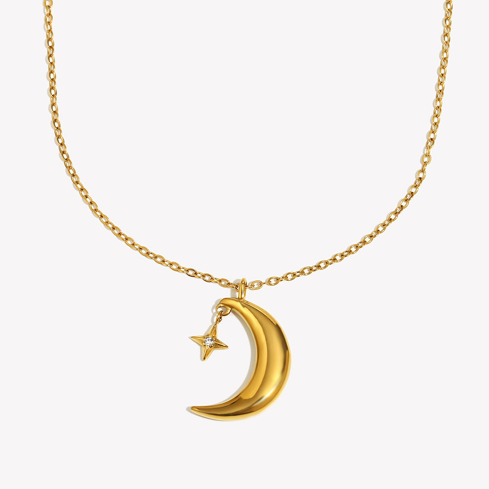 Minimalist Moon and Star Pendant Necklace in Stainless Steel with 18K Gold Plating for Women