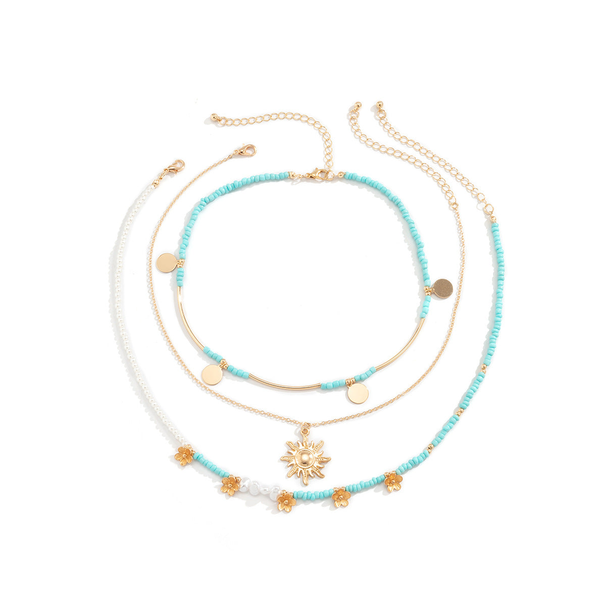 Collana con pendente floreale etnico retrò da donna con catena in lega, paillettes multistrato simili a perle, design geometrico e finitura placcata