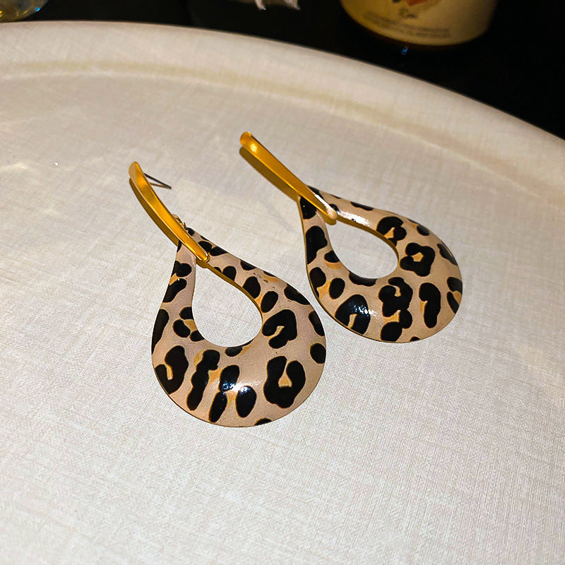 Vintage-Style Geometric Round Hoop Earrings for Women with Alloy Base Plated in Silver Tone Enamel Leopard Print and Rhinestone Inlay