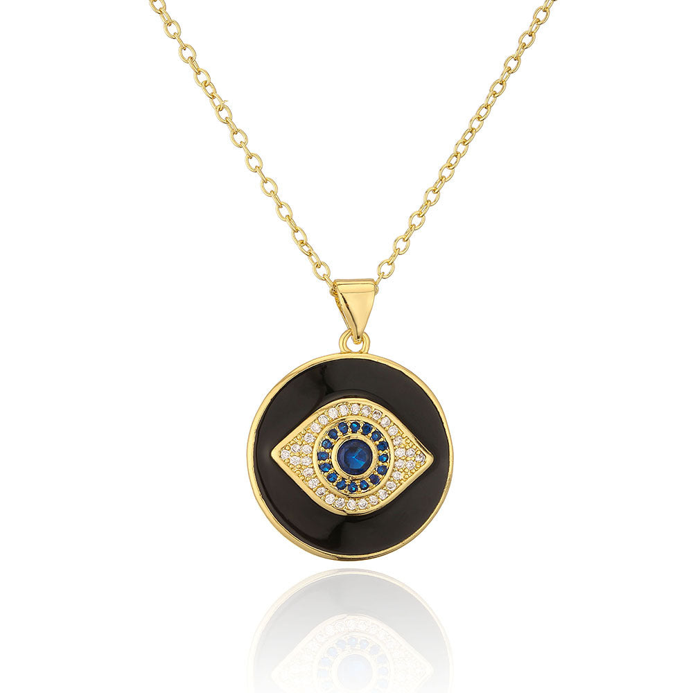 Collana Minimalista Geometrica in Rame Placcato Oro 18K con Ciondolo a Occhio di Allah in Smalto e Intarsio di Zirconi