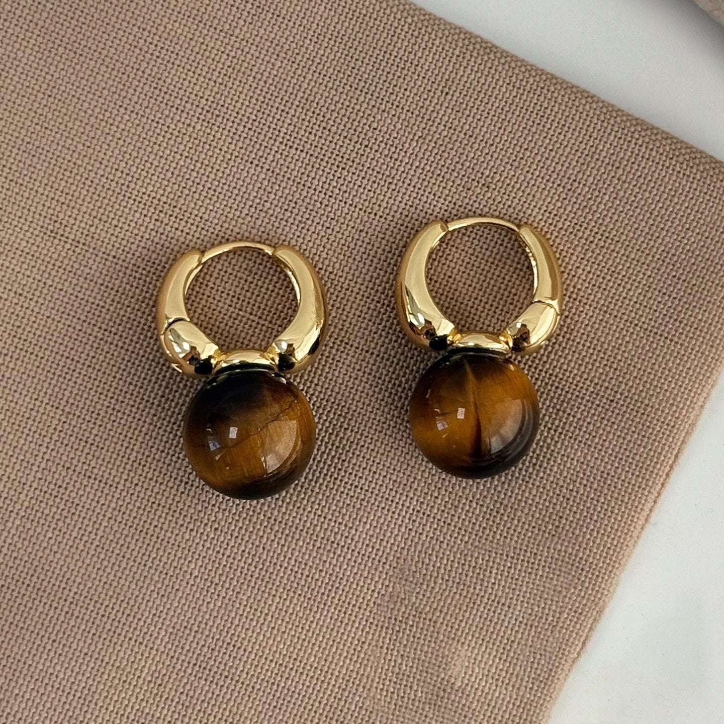 Pendientes de tuerca geométricos de ojo de tigre chapados en bronce mate para mujer, joyería de lujo minimalista artística vintage
