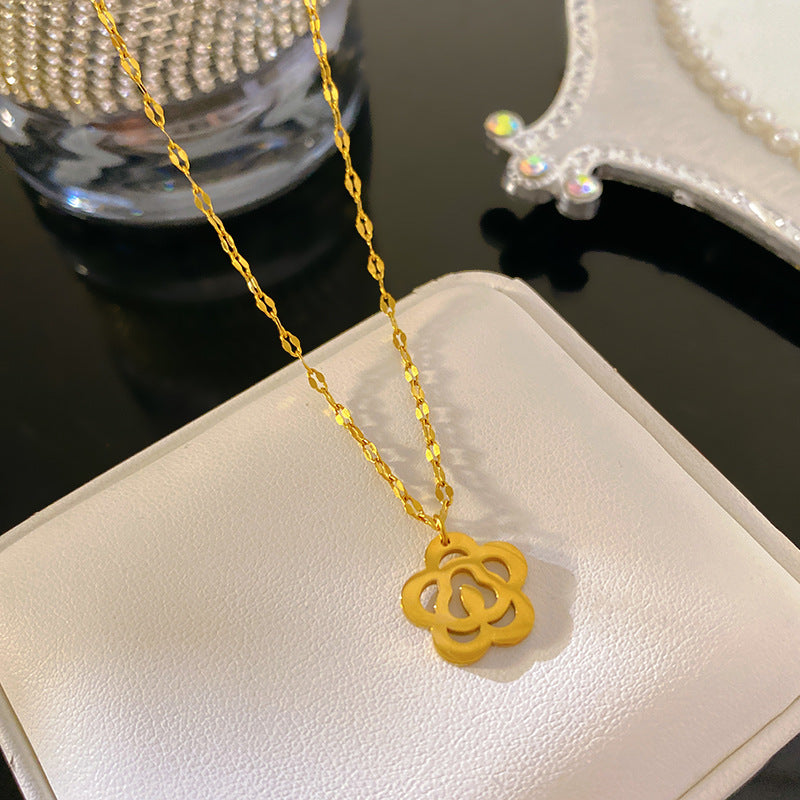 Layered Floral Geometric Hollow Snowflake Clover Pendant Plated Titanium Steel Necklace for Unisex