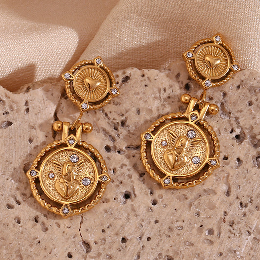 Pendientes de mujer de acero inoxidable chapado en oro de 18 quilates con diseño geométrico de estilo francés vintage, con corazón de diamantes de imitación, ángel y moneda
