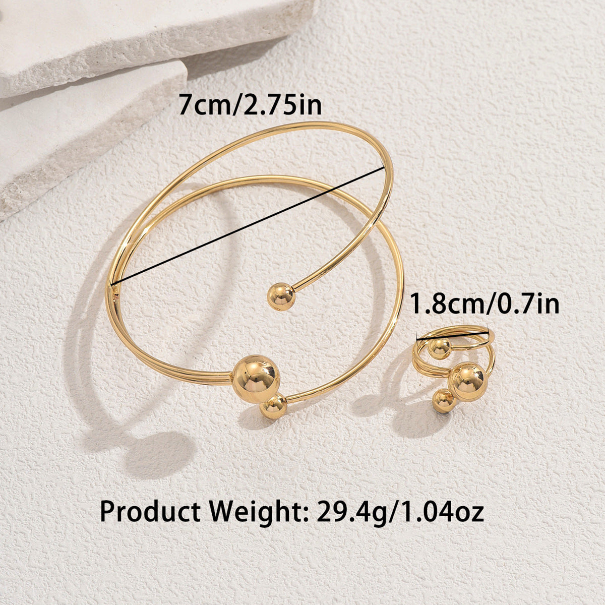 Conjunto de brazalete abierto y anillo con diseño geométrico de línea para mujer en aleación de zinc con acabado chapado