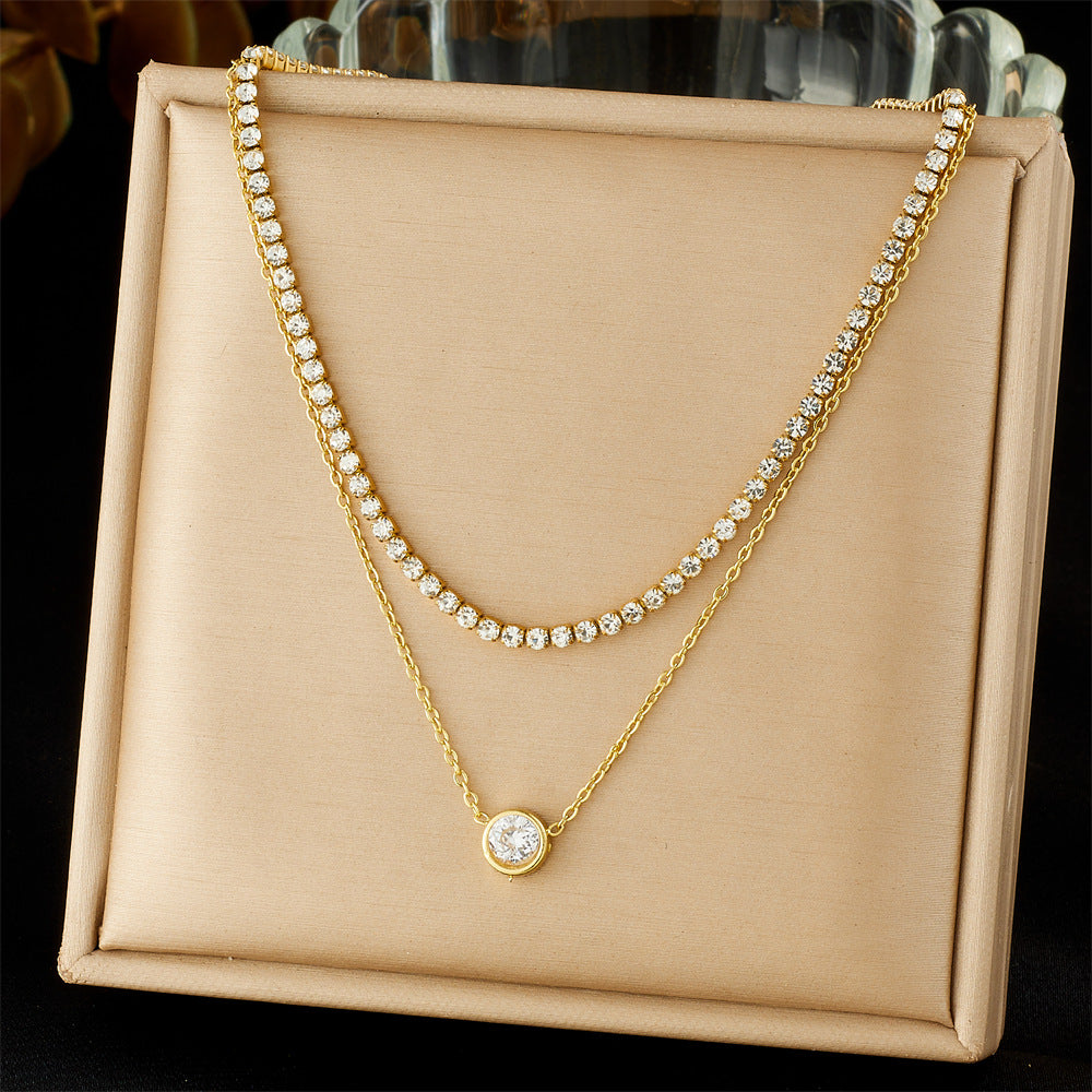 Minimalist Elegant Round Heart Rhinestone Inlay Stainless Steel Double Layer Necklace for Women