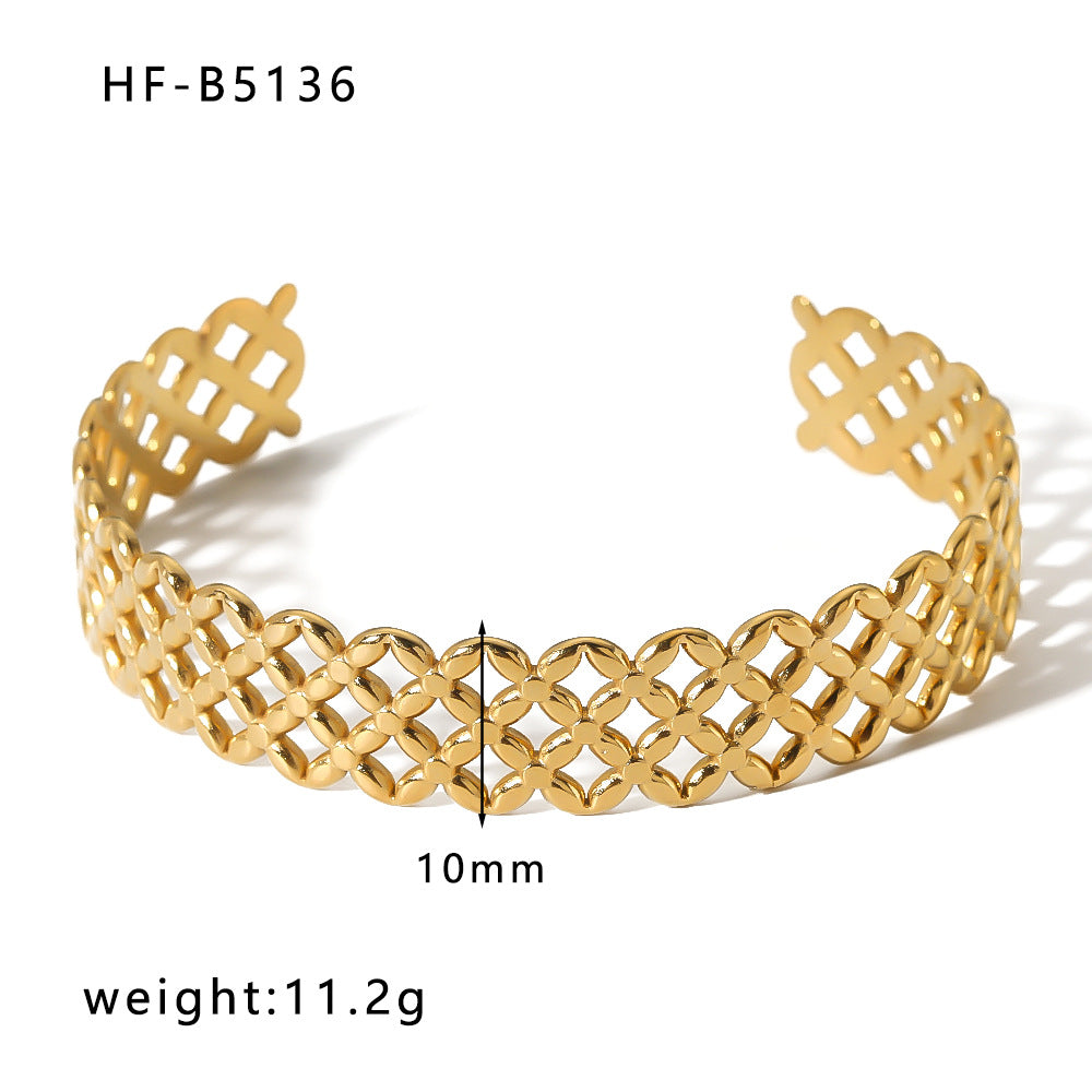 Adjustable Open Bangle Bracelet for Women in Stainless Steel with 18K Gold Plating, Hollow-Out Design, Textured Chain and Irregular Woven Pattern