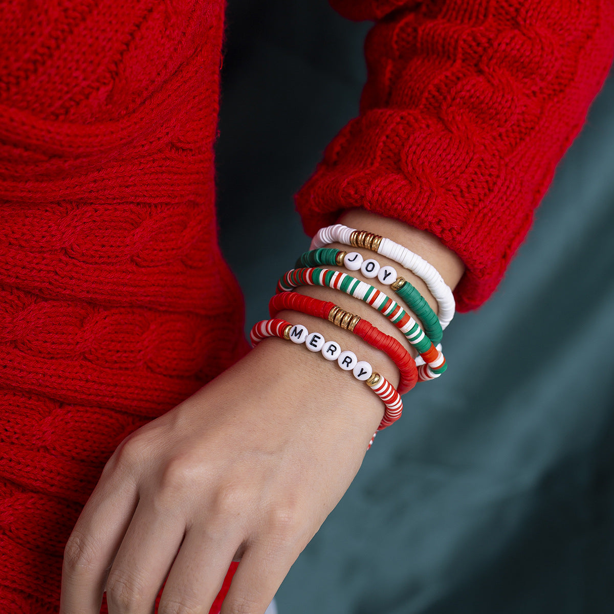 Minimalist Polymer Clay Beaded Letter Bracelet Set with Christmas Elements for Women