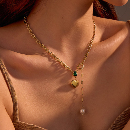 Minimalist Heart-Shaped Titanium Steel Necklace with Pearl and Zircon Water-Drop Accents Plated in 18K Gold Stainless Steel Clavicle Chain for Women