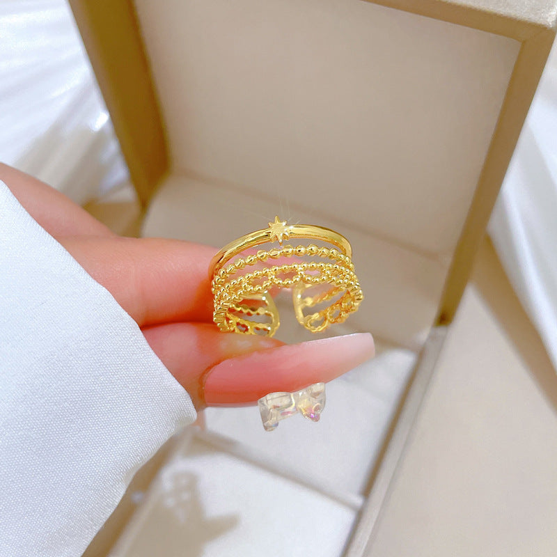 Minimalist Sweet Gold Plated Brass Crown Ring Adjustable Open Ring for Women