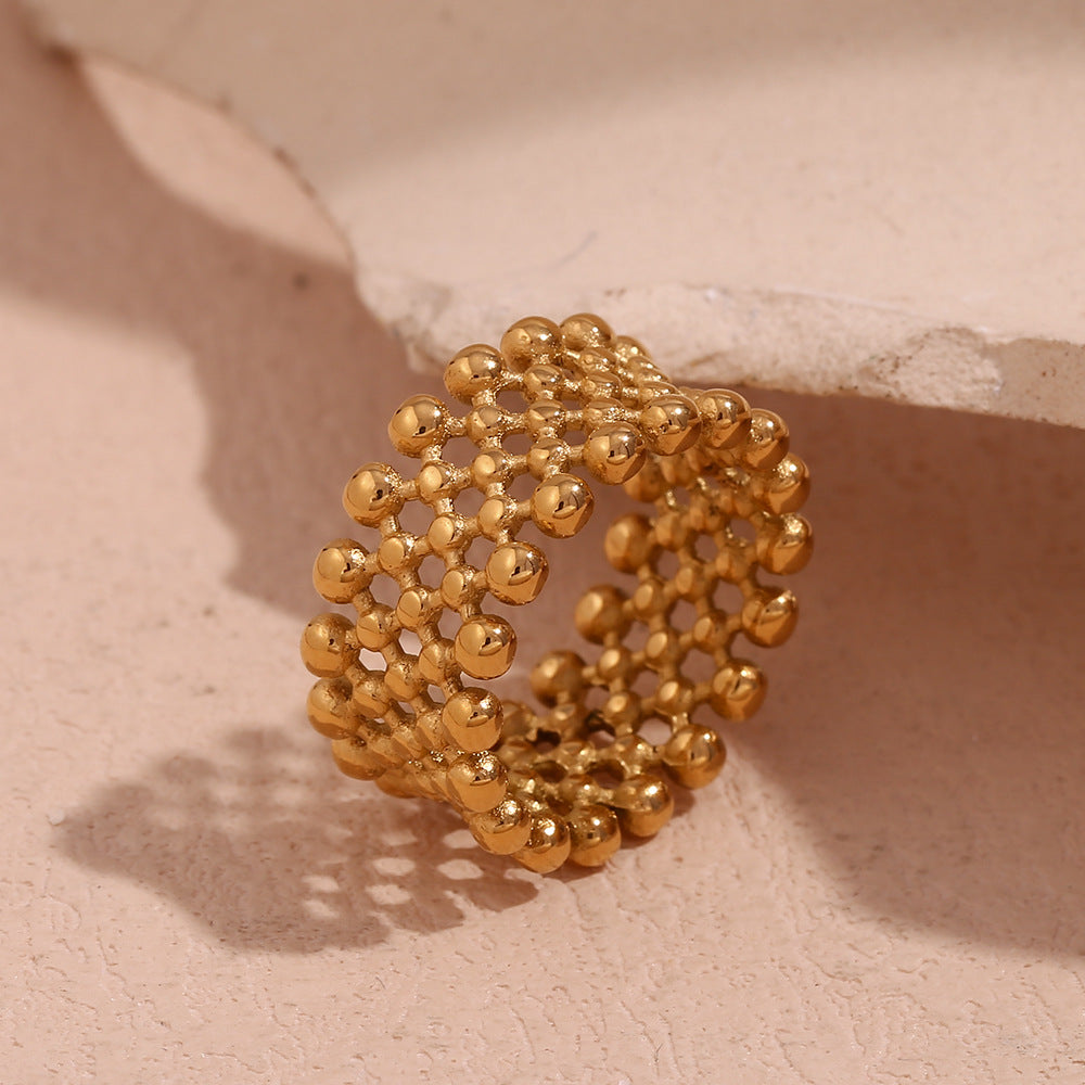 Minimalist Geometric Stainless Steel Plated 18K Gold Small Round Bead Mesh Cross-Arranged Ring for Women