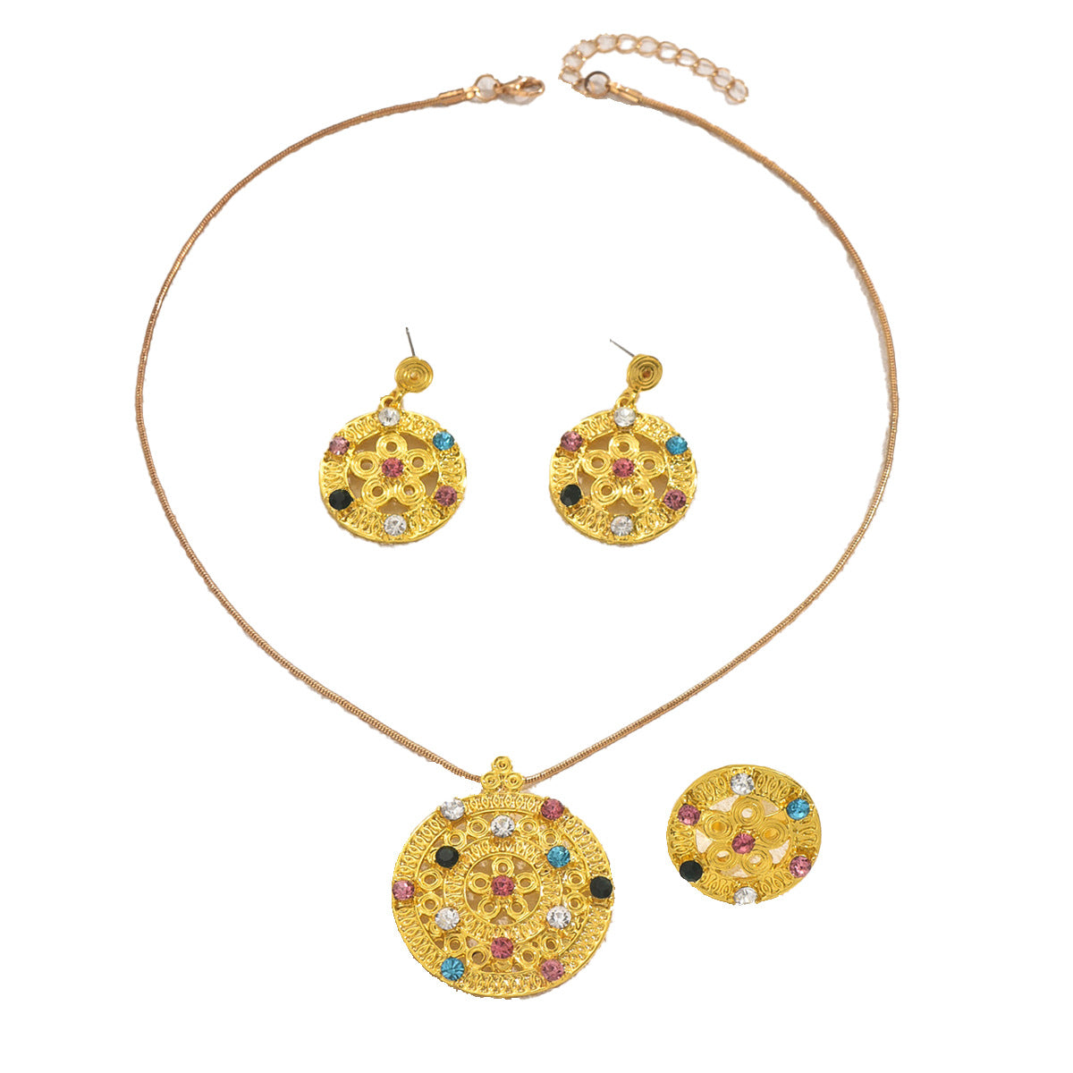 Set di collana e orecchini geometrici intarsiati con strass da donna, gioielli di moda in lega con elementi rotondi, ovali e circolari