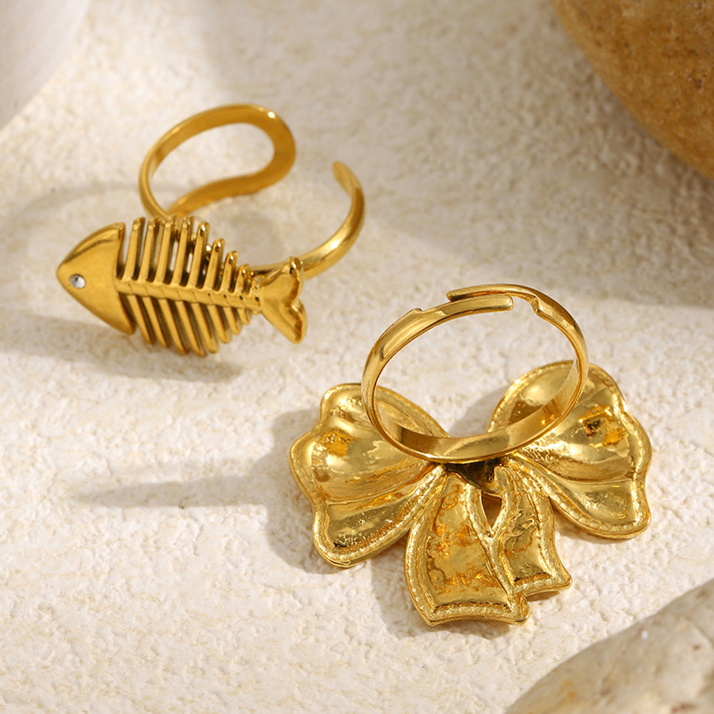 Anello Aperto da Donna Minimalista con Fiocco Geometrico in Acciaio Inossidabile Placcato Oro 18K