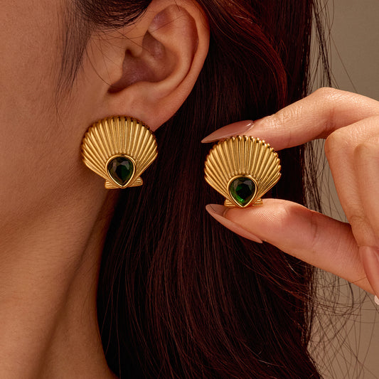 Pendientes de acero inoxidable geométricos de moda para OL con incrustaciones de piedra natural verde y acabado chapado
