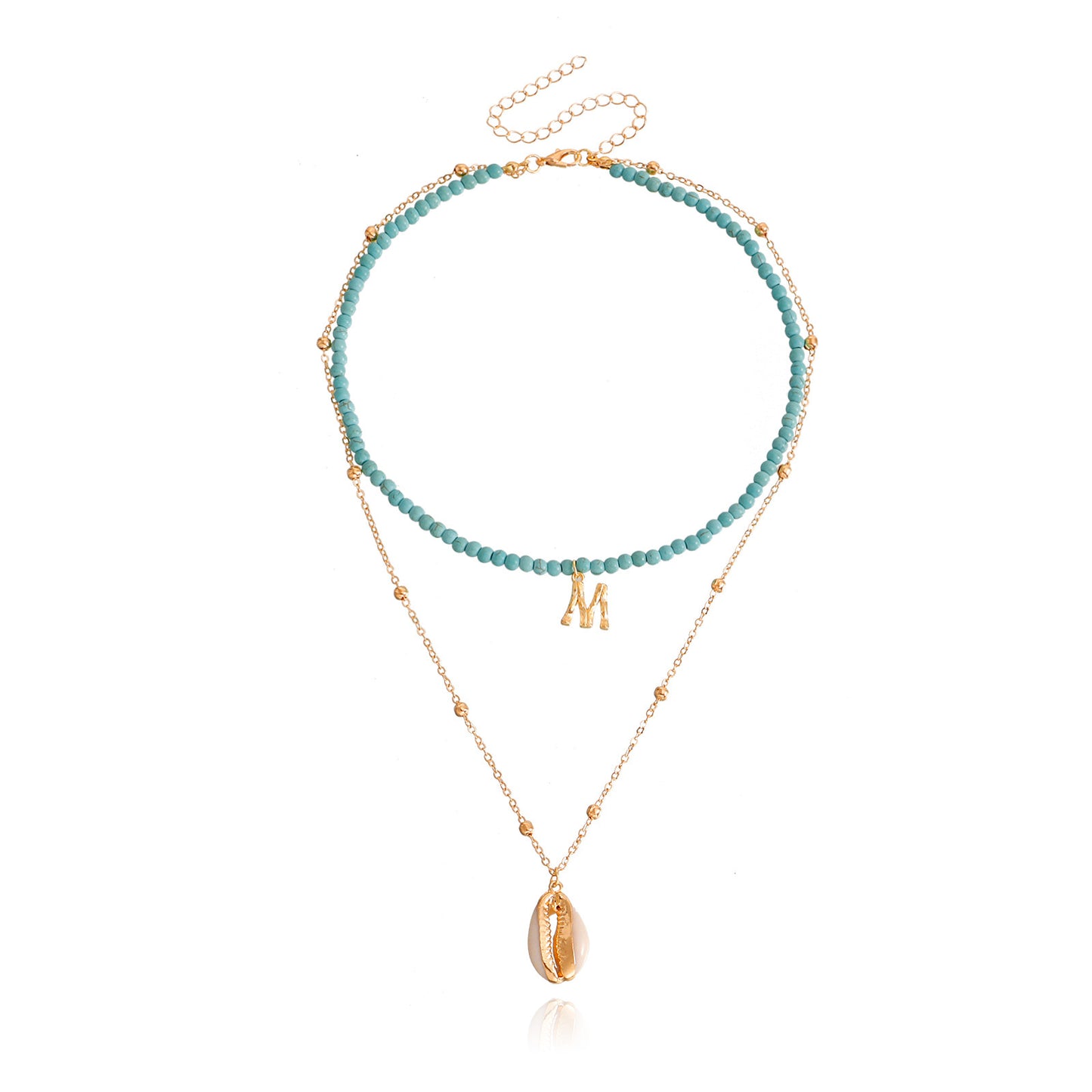 Minimalist Double-Layer Turquoise Necklace with Shell Pendant and Letter M Charm for Women Alloy Chain with Plating Finish