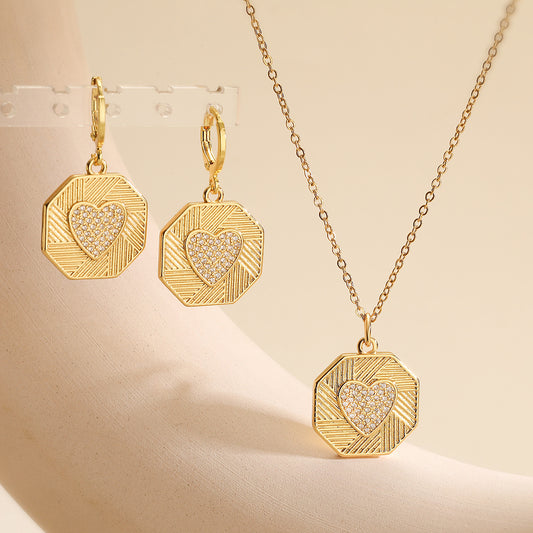 Vintage Minimalist Heart Geometric Brass Micro-inlay Necklace and Earring Set with Cable Chain for Women