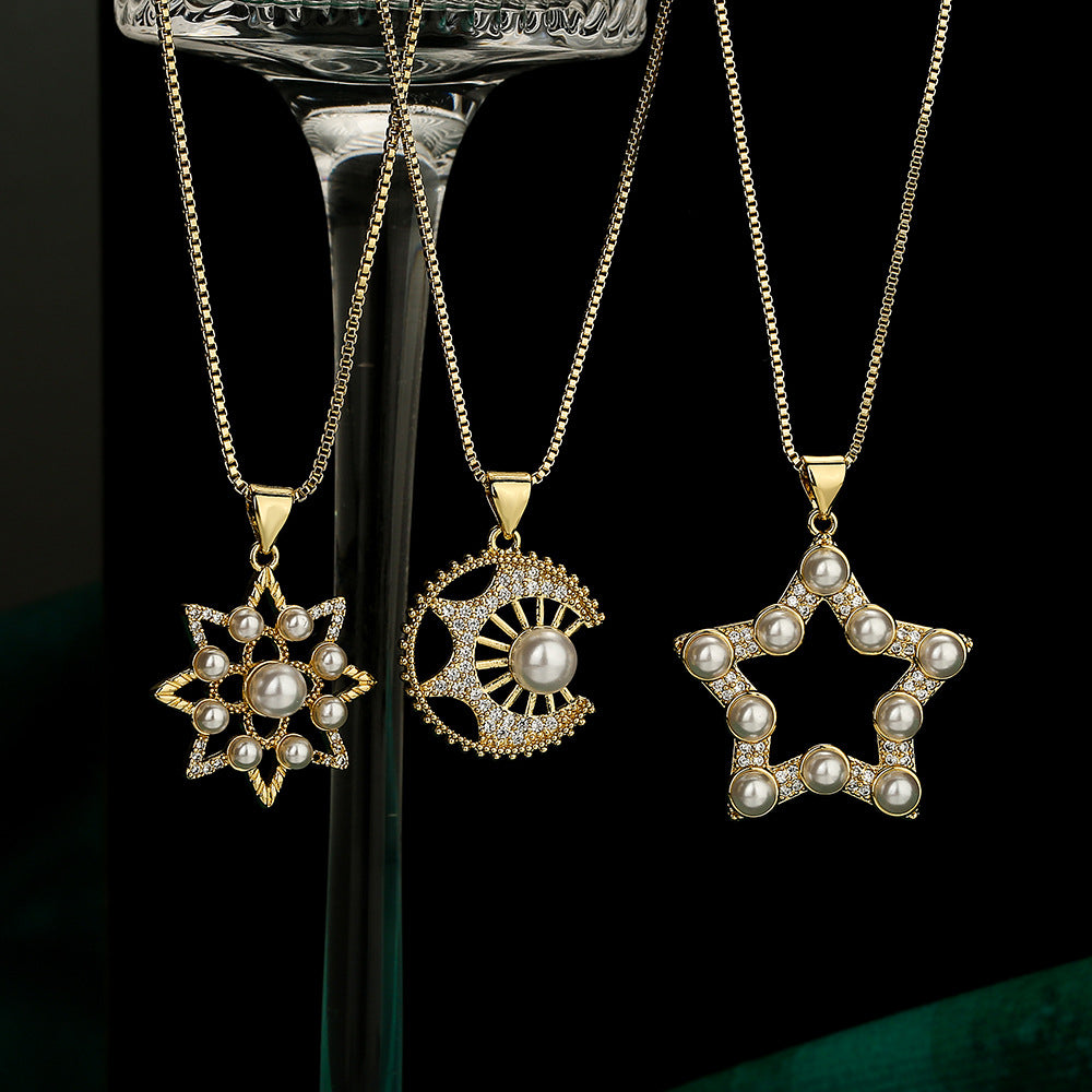 Minimalist Geometric Star Pendant Necklace in Copper with Zircon and Pearl Accents for Women