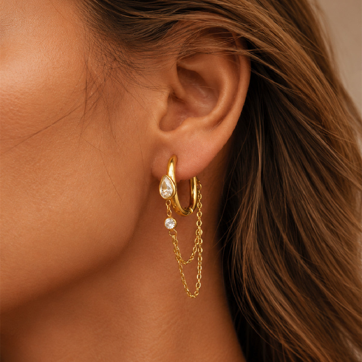 Minimalist Geometric Teardrop PVD Stainless Steel Chain Rhinestone Drop Earrings for Women