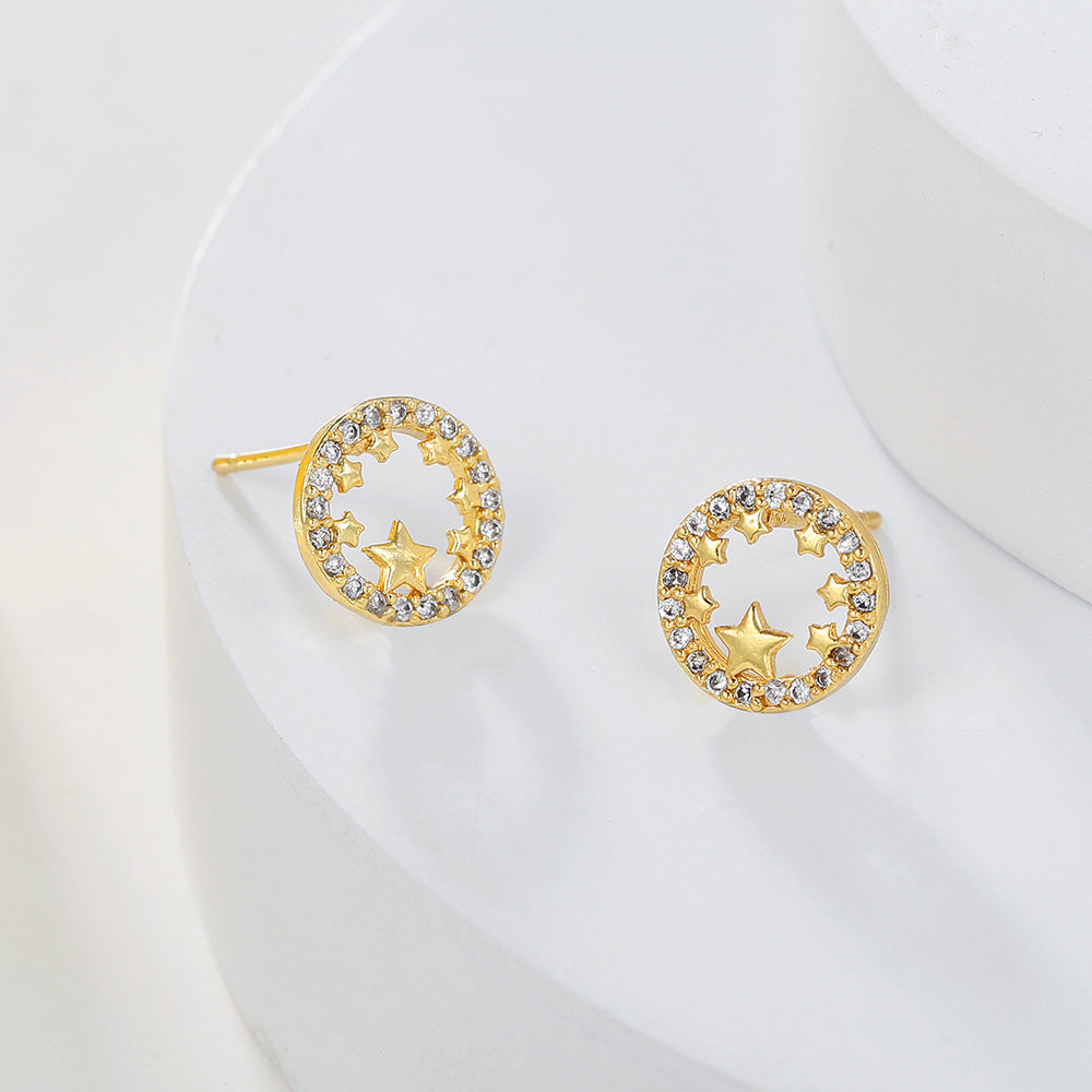 Minimalist Geometric Gold Plated Brass Stud Earrings with Micro-set Cubic Zirconia Smile Face