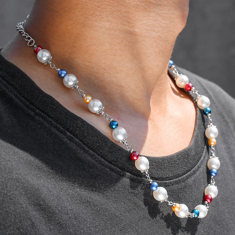 Hip-hop Colorful Imitation Pearl Geometric Ball Chain Necklace Unisex Multi-layer Plated