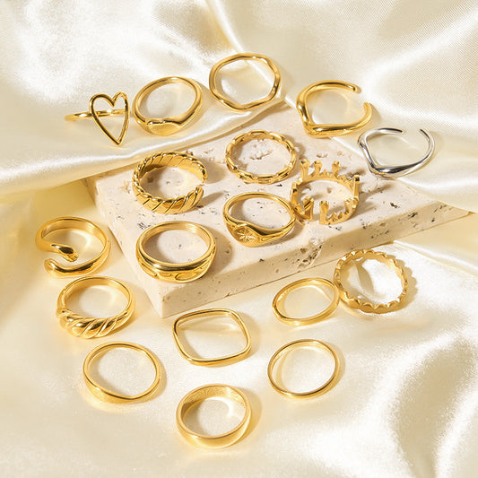 Anello Minimalista in Acciaio Inossidabile con Corona, Cuore, Fiocco, Nodo, Foglia, Onda, Goccia di Diamante, Stella, Forma Geometrica, Finitura Oro 18K Placcato Sottovuoto, da Donna