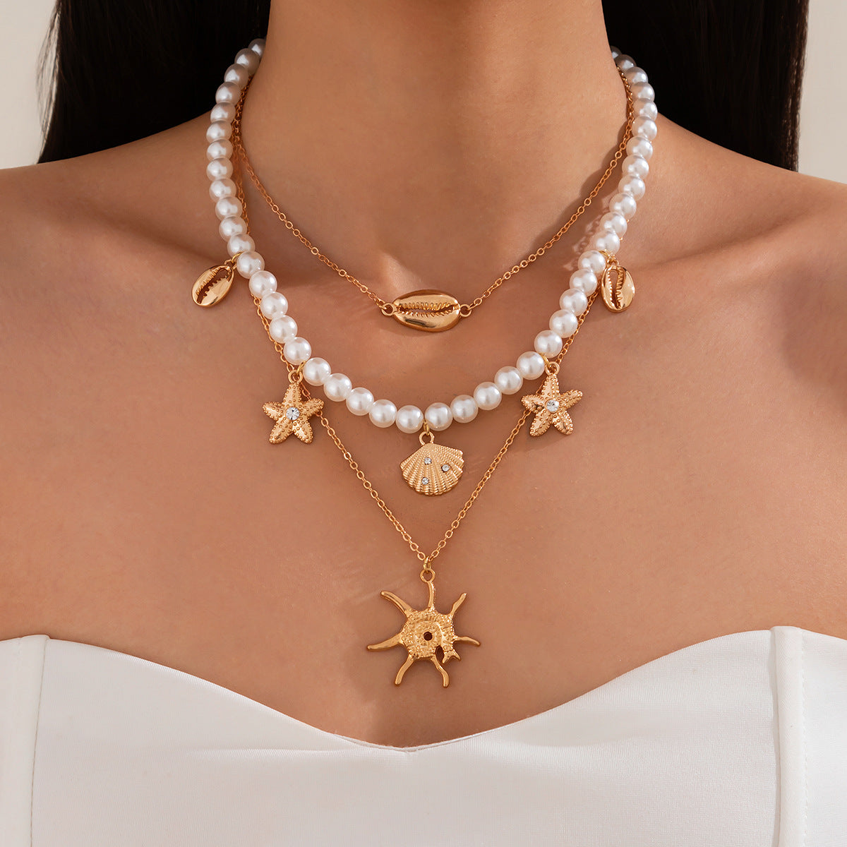 Bohemian Vintage Starfish Shell Pearl Beaded Necklace Alloy Plated Pendant Multi-layer Cable Chain for Women