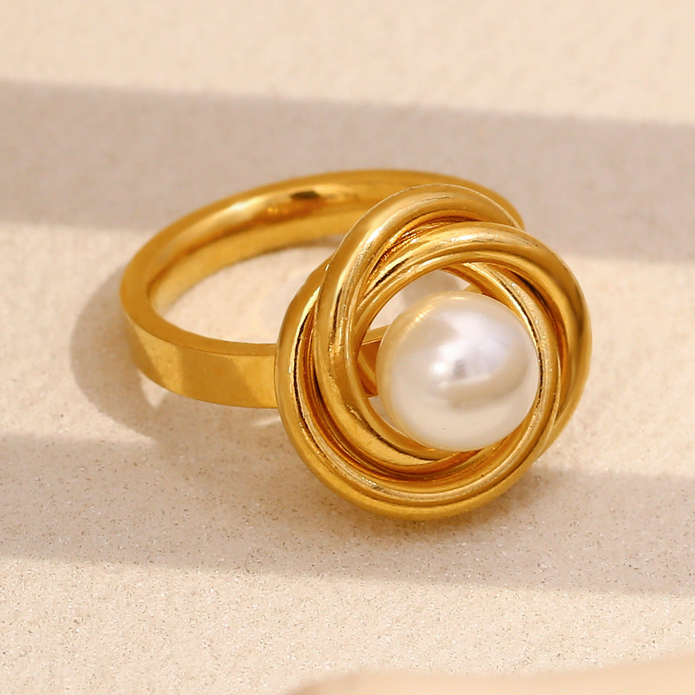 Vintage Style Geometric Stainless Steel Ring with 18K Gold Plating and Pearl Accent for Women