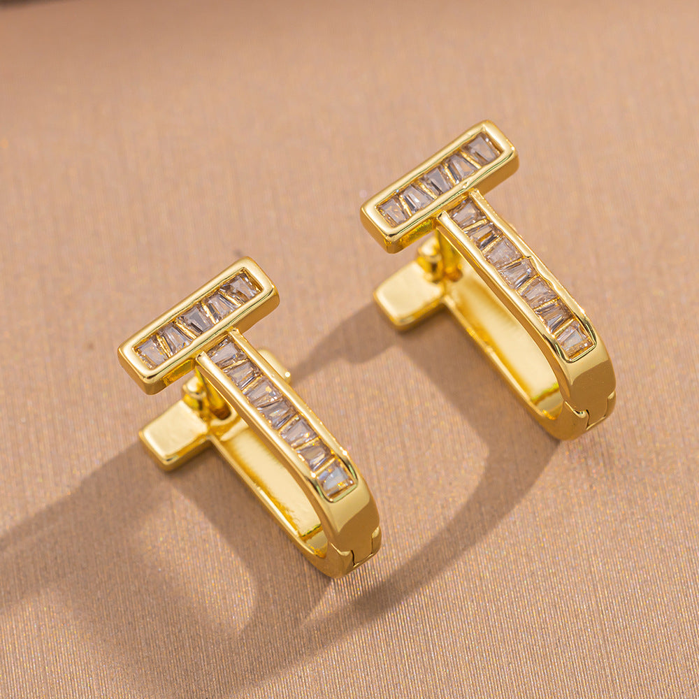 Minimalist T-Shaped Ear Studs with Zircon Inlay in Gold-Plated Copper for Women, Elegant Office-Ready Luxury Style