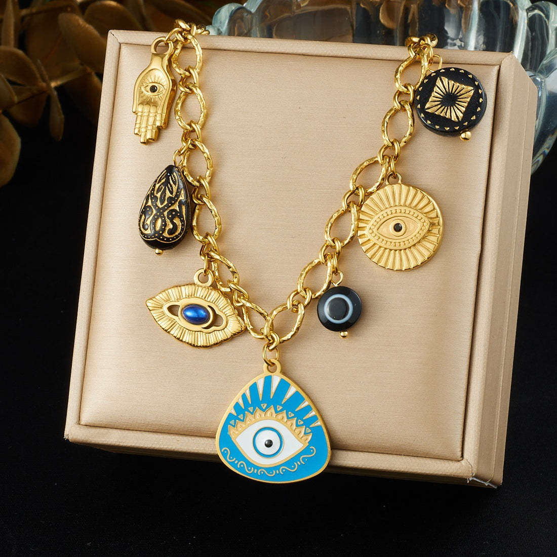 Vintage Gold Plated Drip Oil Teardrop Round Triangle Oval Stainless Steel Necklace with Cable Chain